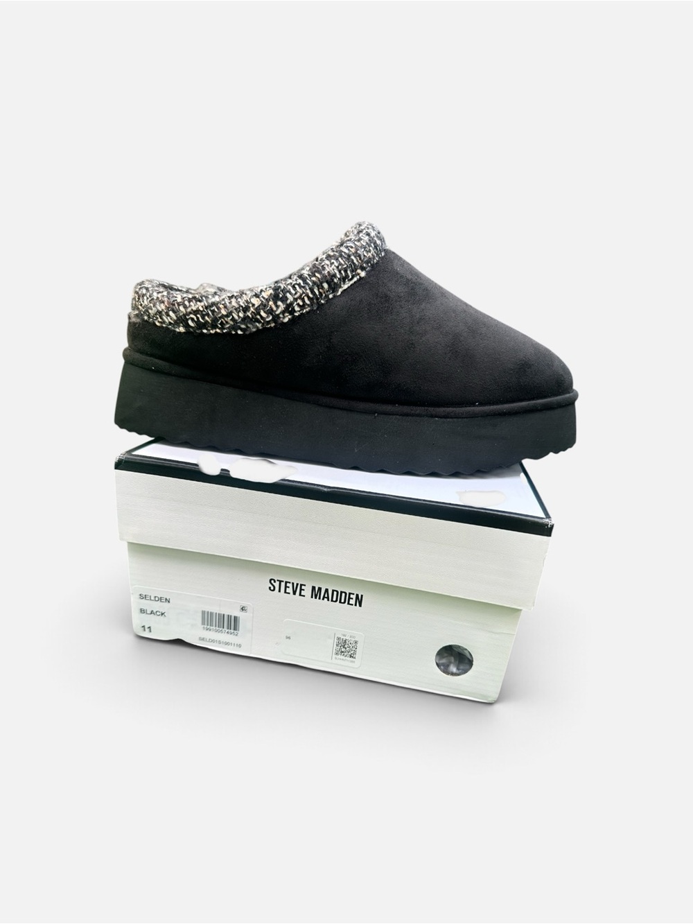 Steve Madden Black Faux-Suede Tweed-Trim Platform Mule
